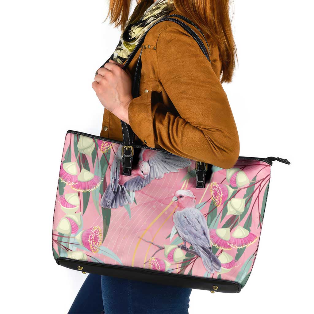 Australia Breast Cancer Awareness Leather Tote Bag Pink Galah with Eucalyptus Flowers - Aussie Hoodie