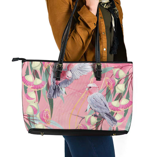 Australia Breast Cancer Awareness Leather Tote Bag Pink Galah with Eucalyptus Flowers - Aussie Hoodie