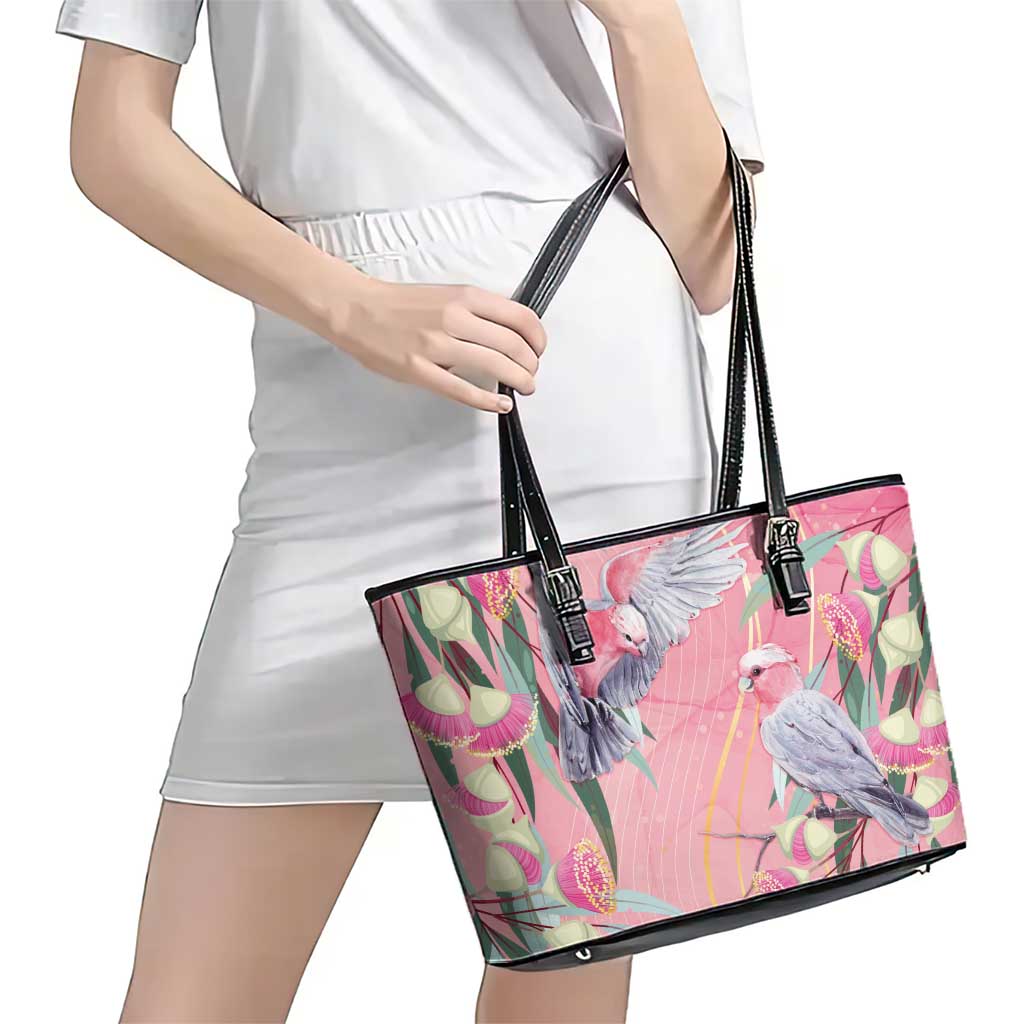 Australia Breast Cancer Awareness Leather Tote Bag Pink Galah with Eucalyptus Flowers - Aussie Hoodie