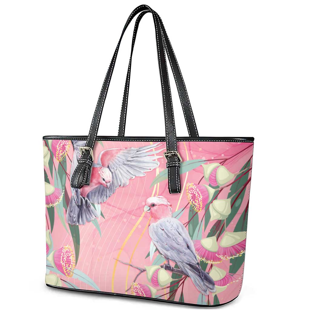 Australia Breast Cancer Awareness Leather Tote Bag Pink Galah with Eucalyptus Flowers - Aussie Hoodie