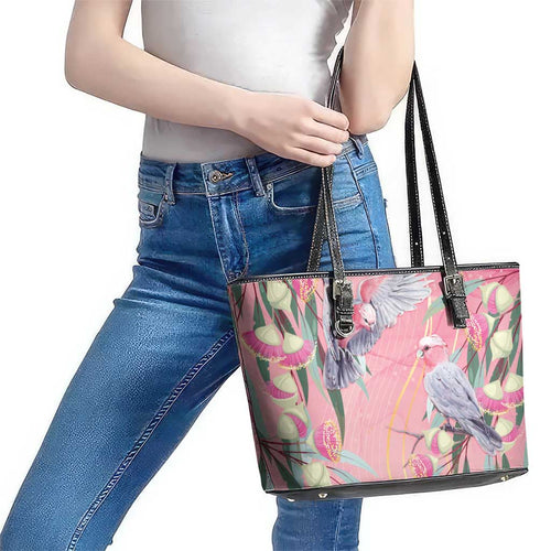 Australia Breast Cancer Awareness Leather Tote Bag Pink Galah with Eucalyptus Flowers - Aussie Hoodie