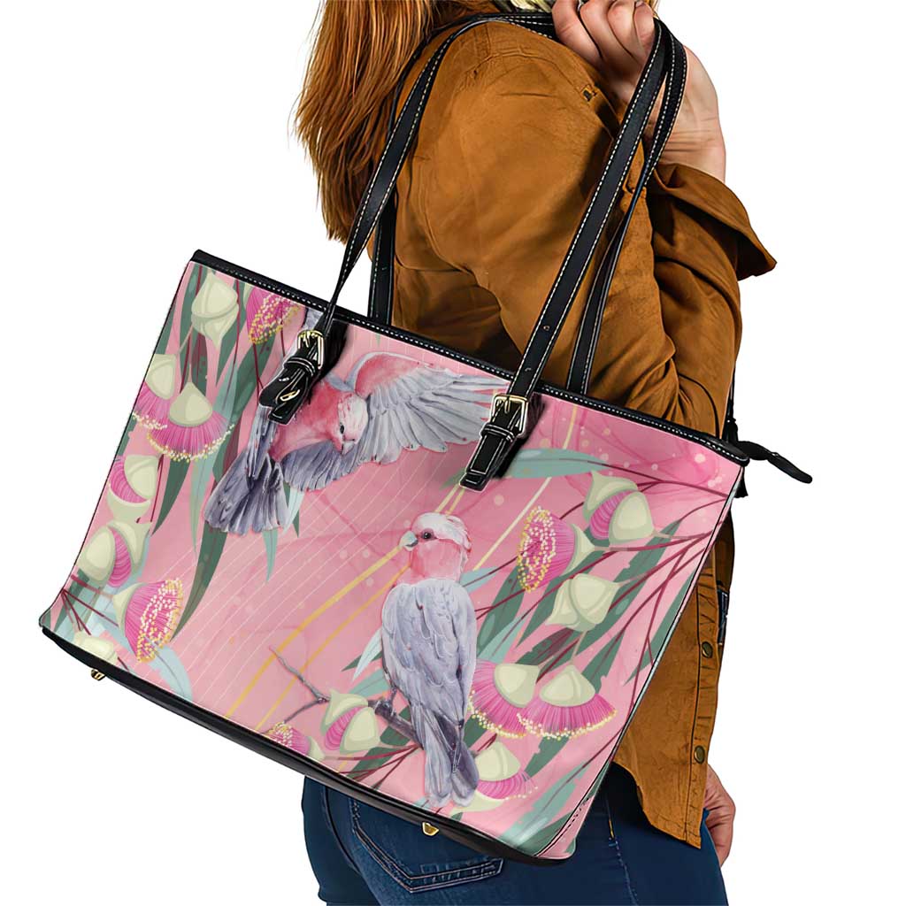Australia Breast Cancer Awareness Leather Tote Bag Pink Galah with Eucalyptus Flowers - Aussie Hoodie