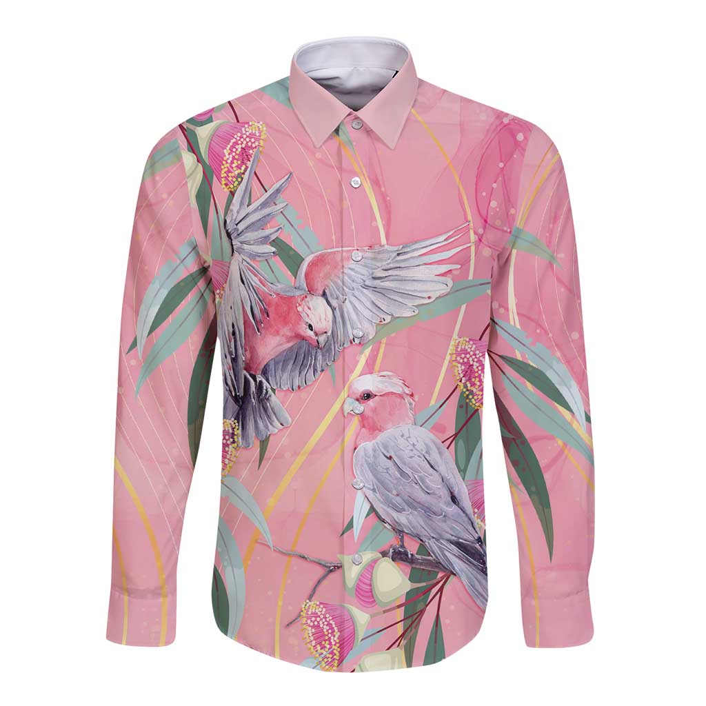 Australia Breast Cancer Awareness Long Sleeve Button Shirt Pink Galah with Eucalyptus Flowers - Aussie Hoodie