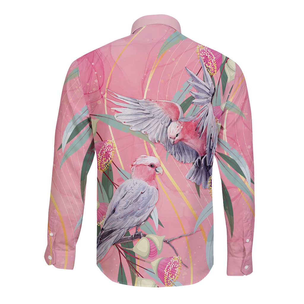 Australia Breast Cancer Awareness Long Sleeve Button Shirt Pink Galah with Eucalyptus Flowers - Aussie Hoodie