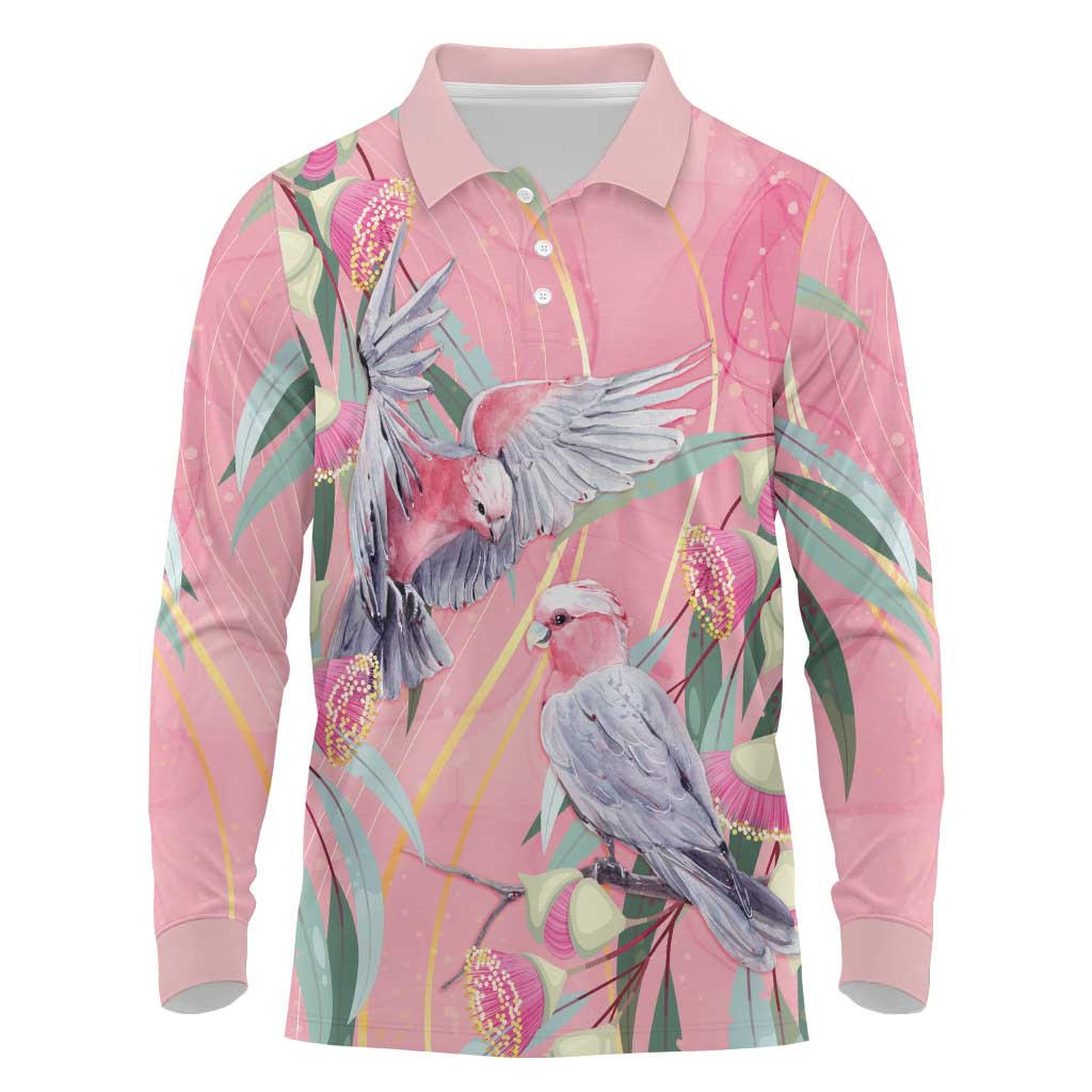 Australia Breast Cancer Awareness Long Sleeve Polo Shirt Pink Galah with Eucalyptus Flowers - Aussie Hoodie