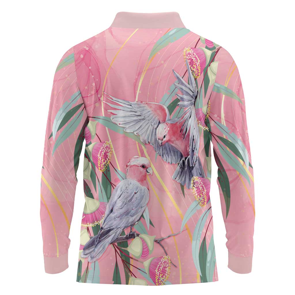 Australia Breast Cancer Awareness Long Sleeve Polo Shirt Pink Galah with Eucalyptus Flowers - Aussie Hoodie