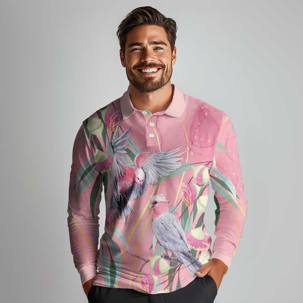 Australia Breast Cancer Awareness Long Sleeve Polo Shirt Pink Galah with Eucalyptus Flowers - Aussie Hoodie