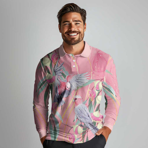 Australia Breast Cancer Awareness Long Sleeve Polo Shirt Pink Galah with Eucalyptus Flowers - Aussie Hoodie