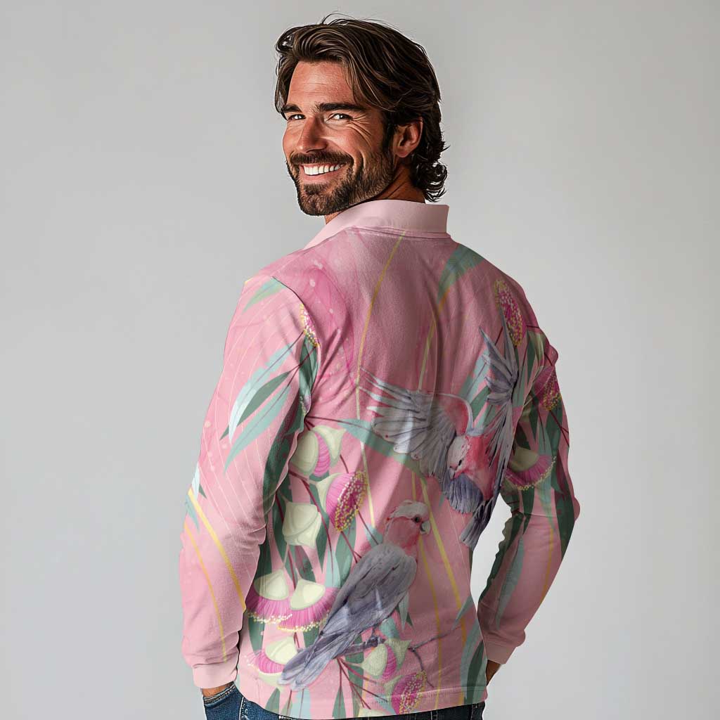 Australia Breast Cancer Awareness Long Sleeve Polo Shirt Pink Galah with Eucalyptus Flowers - Aussie Hoodie
