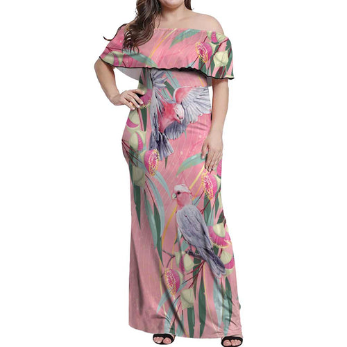Australia Breast Cancer Awareness Off Shoulder Maxi Dress Pink Galah with Eucalyptus Flowers - Aussie Hoodie