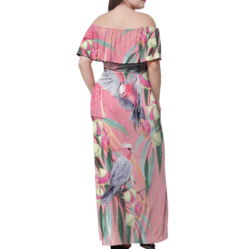 Australia Breast Cancer Awareness Off Shoulder Maxi Dress Pink Galah with Eucalyptus Flowers - Aussie Hoodie