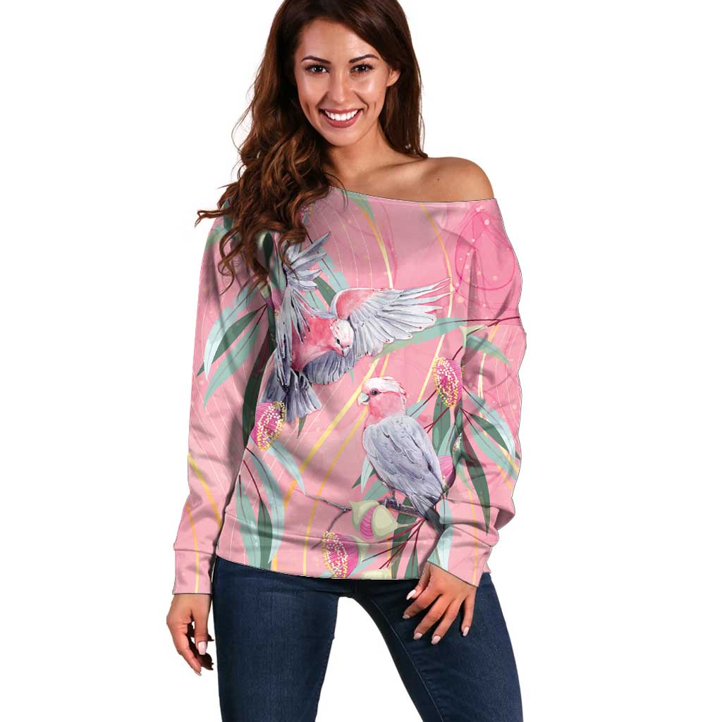 Australia Breast Cancer Awareness Off Shoulder Sweater Pink Galah with Eucalyptus Flowers - Aussie Hoodie