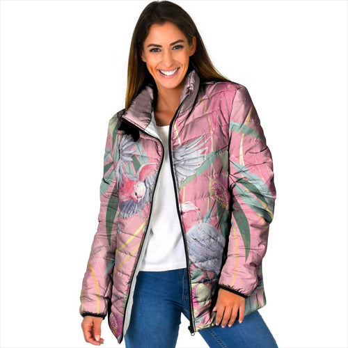 Australia Breast Cancer Awareness Padded Jacket Pink Galah with Eucalyptus Flowers - Aussie Hoodie