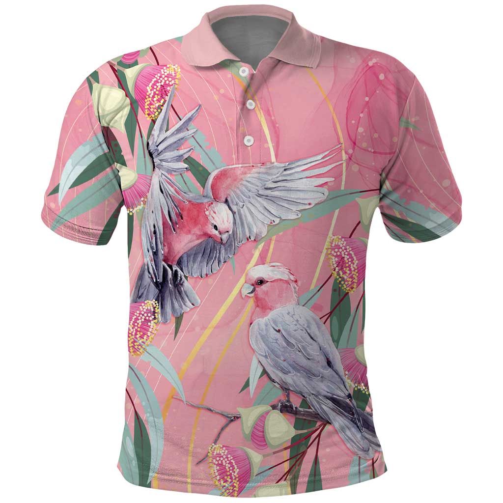 Australia Breast Cancer Awareness Polo Shirt Pink Galah with Eucalyptus Flowers - Aussie Hoodie