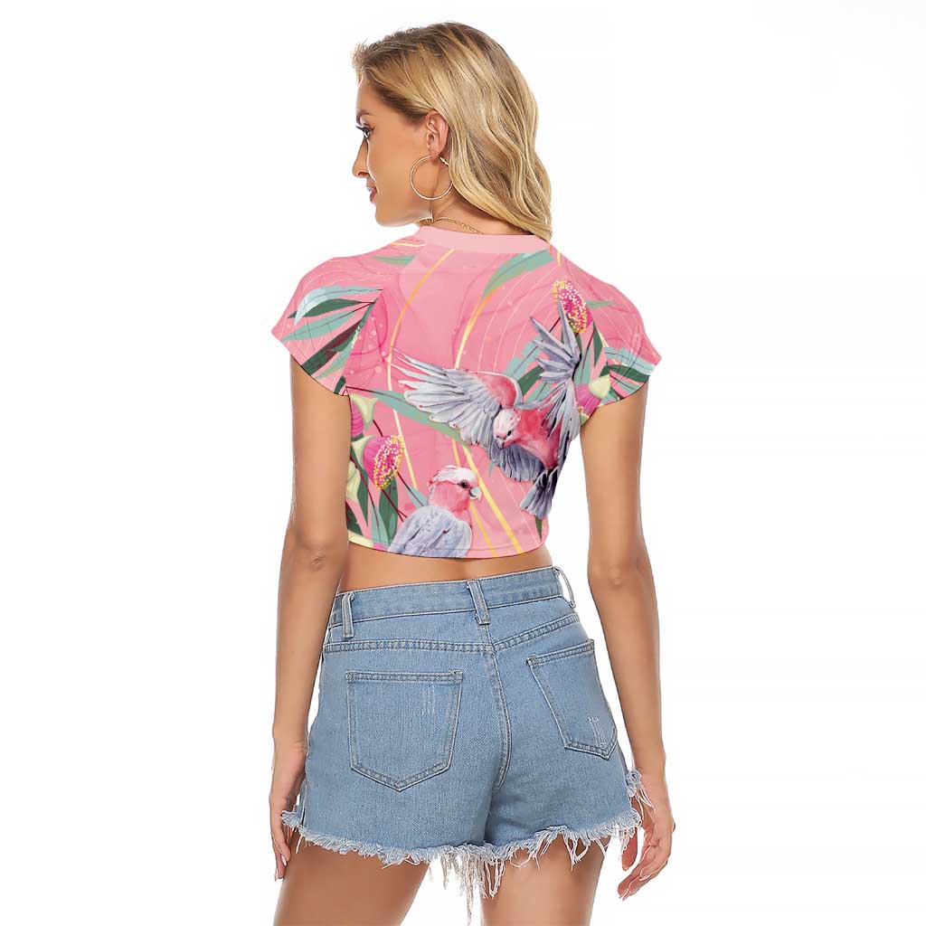 Australia Breast Cancer Awareness Raglan Cropped T Shirt Pink Galah with Eucalyptus Flowers - Aussie Hoodie