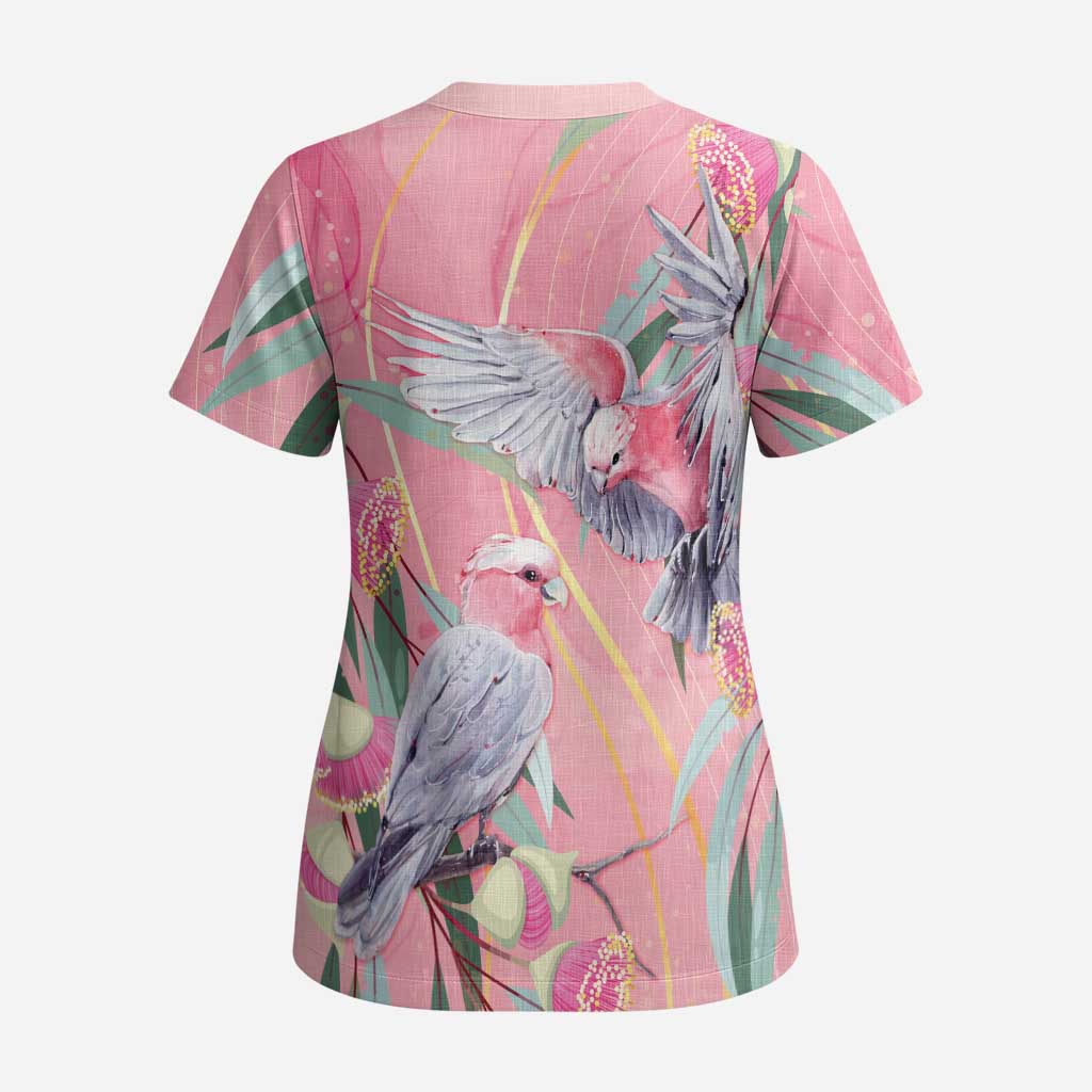 Australia Breast Cancer Awareness Scrub Top Pink Galah with Eucalyptus Flowers - Aussie Hoodie