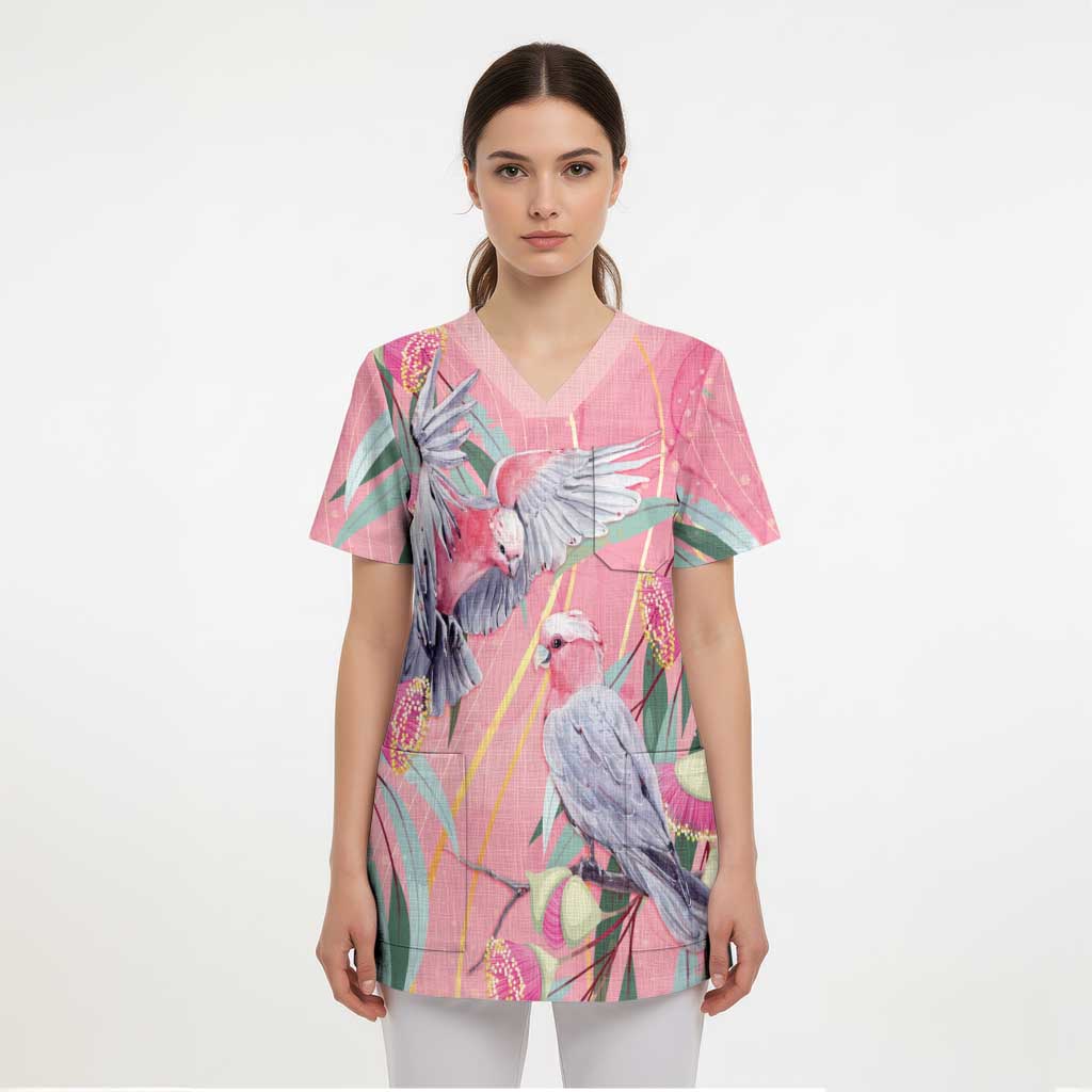 Australia Breast Cancer Awareness Scrub Top Pink Galah with Eucalyptus Flowers - Aussie Hoodie
