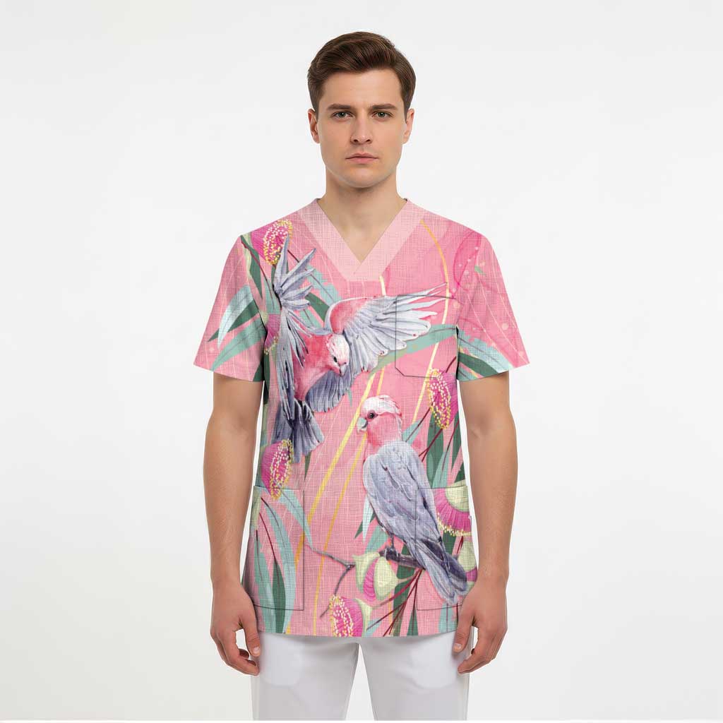 Australia Breast Cancer Awareness Scrub Top Pink Galah with Eucalyptus Flowers - Aussie Hoodie