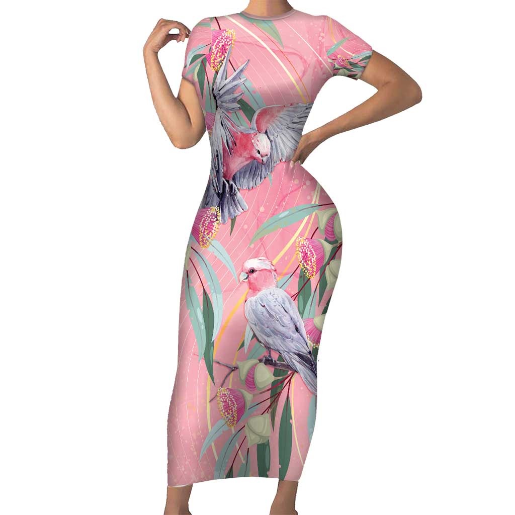 Australia Breast Cancer Awareness Short Sleeve Bodycon Dress Pink Galah with Eucalyptus Flowers - Aussie Hoodie