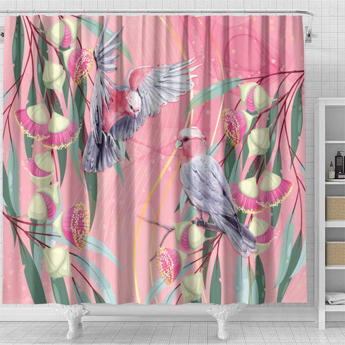 Australia Breast Cancer Awareness Shower Curtain Pink Galah with Eucalyptus Flowers - Aussie Hoodie