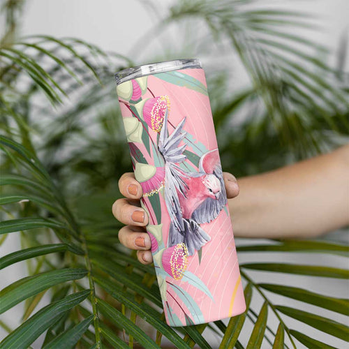 Australia Breast Cancer Awareness Skinny Tumbler Pink Galah with Eucalyptus Flowers - Aussie Hoodie