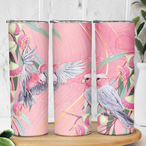 Australia Breast Cancer Awareness Skinny Tumbler Pink Galah with Eucalyptus Flowers - Aussie Hoodie