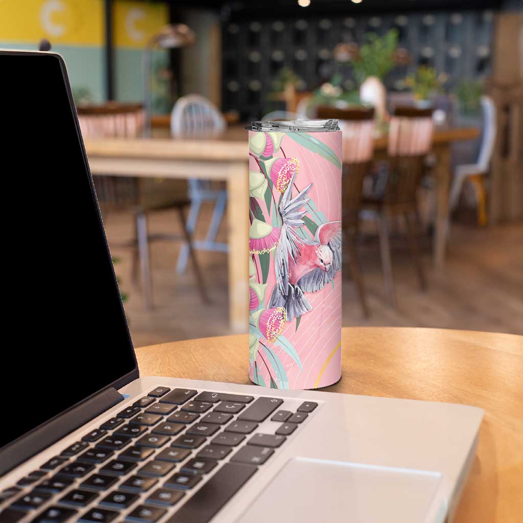 Australia Breast Cancer Awareness Skinny Tumbler Pink Galah with Eucalyptus Flowers - Aussie Hoodie