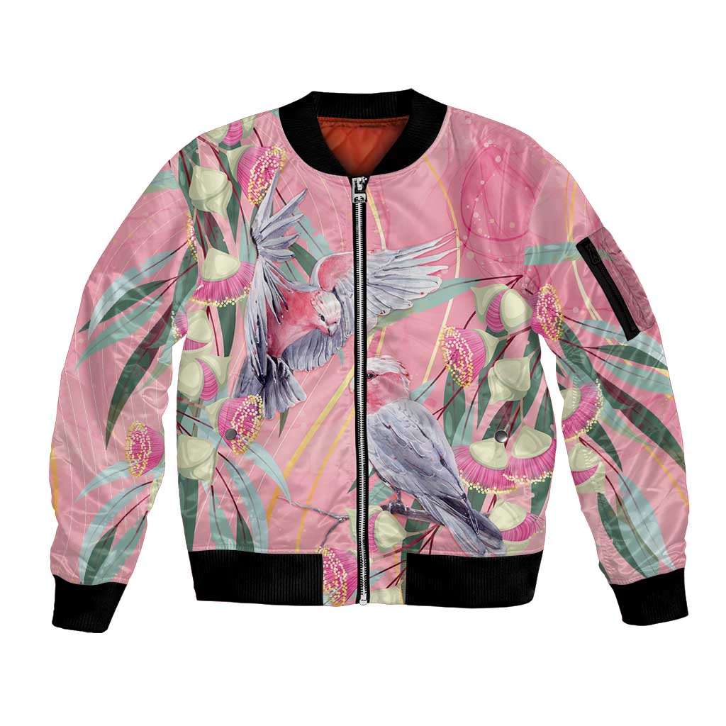 Australia Breast Cancer Awareness Sleeve Zip Bomber Jacket Pink Galah with Eucalyptus Flowers - Aussie Hoodie