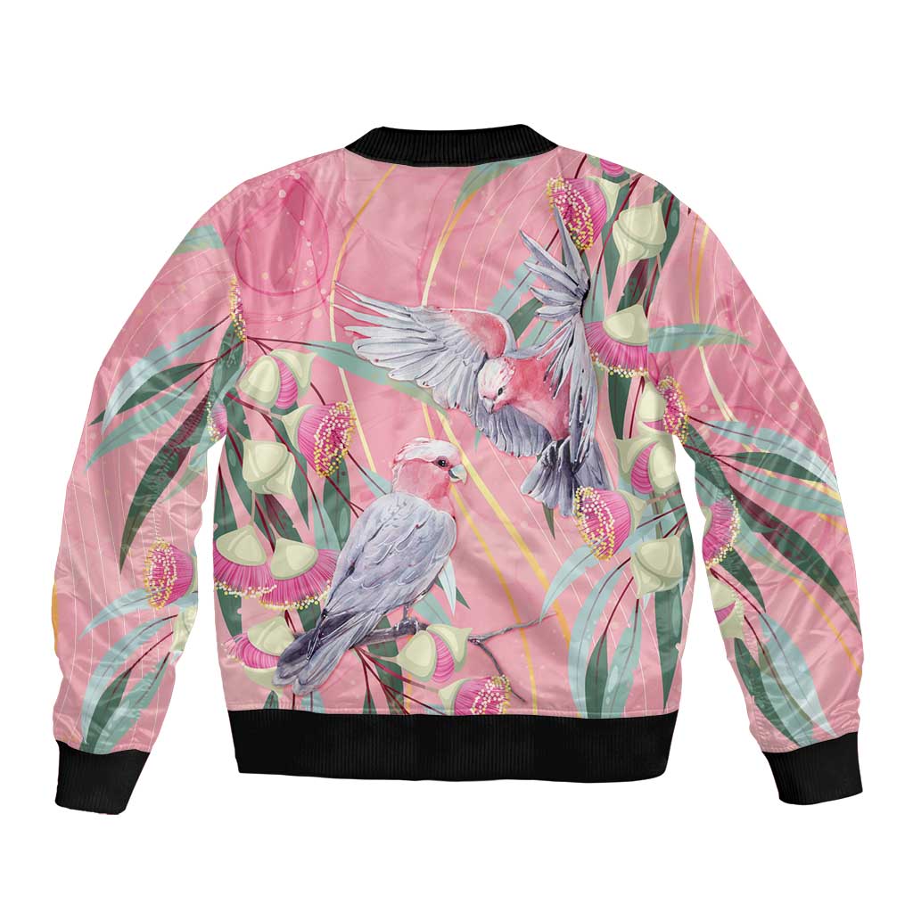 Australia Breast Cancer Awareness Sleeve Zip Bomber Jacket Pink Galah with Eucalyptus Flowers - Aussie Hoodie