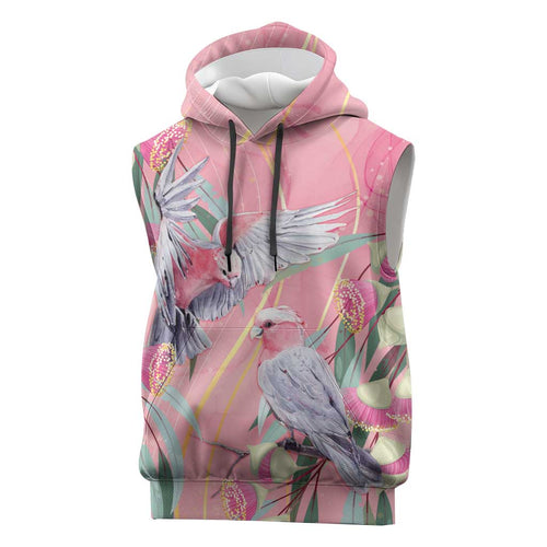 Australia Breast Cancer Awareness Sleeveless Hoodie Pink Galah with Eucalyptus Flowers - Aussie Hoodie