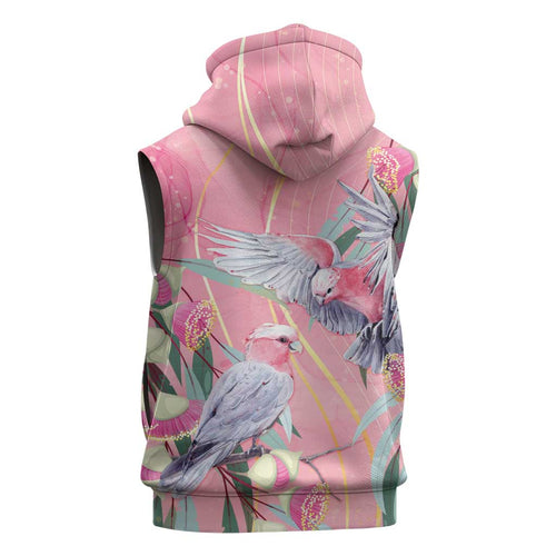 Australia Breast Cancer Awareness Sleeveless Hoodie Pink Galah with Eucalyptus Flowers - Aussie Hoodie