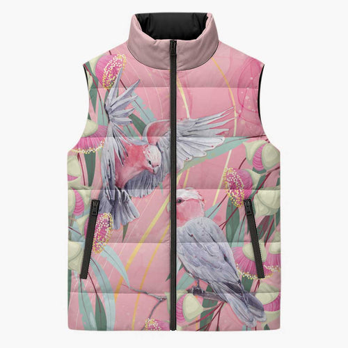 Australia Breast Cancer Awareness Sleeveless Puffer Jacket Pink Galah with Eucalyptus Flowers - Aussie Hoodie