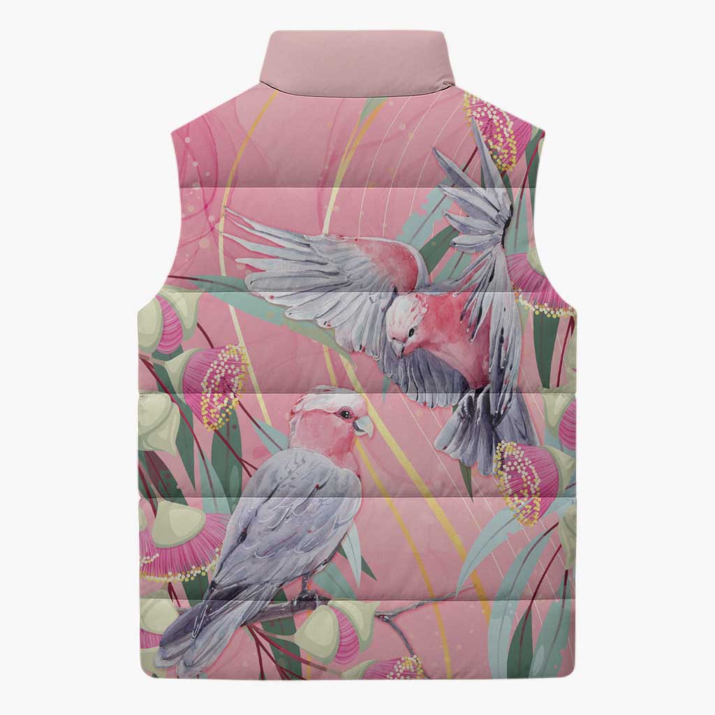 Australia Breast Cancer Awareness Sleeveless Puffer Jacket Pink Galah with Eucalyptus Flowers - Aussie Hoodie