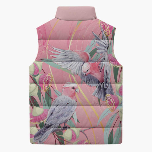 Australia Breast Cancer Awareness Sleeveless Puffer Jacket Pink Galah with Eucalyptus Flowers - Aussie Hoodie