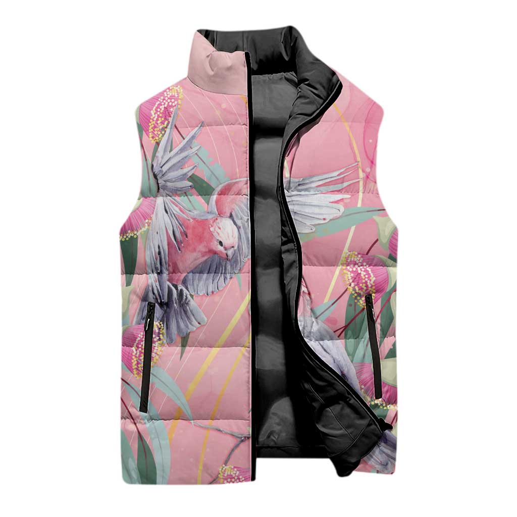 Australia Breast Cancer Awareness Sleeveless Puffer Jacket Pink Galah with Eucalyptus Flowers - Aussie Hoodie