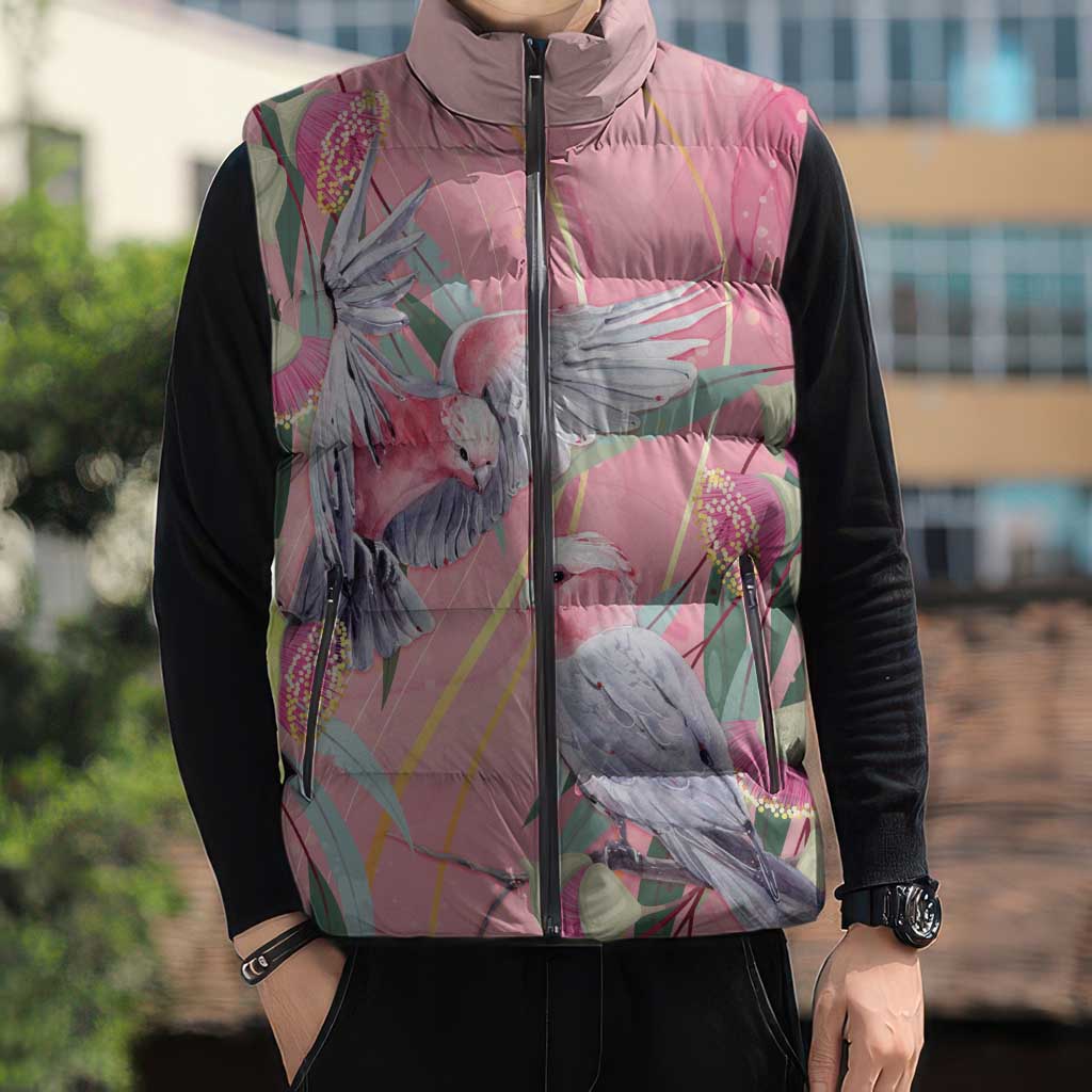 Australia Breast Cancer Awareness Sleeveless Puffer Jacket Pink Galah with Eucalyptus Flowers - Aussie Hoodie