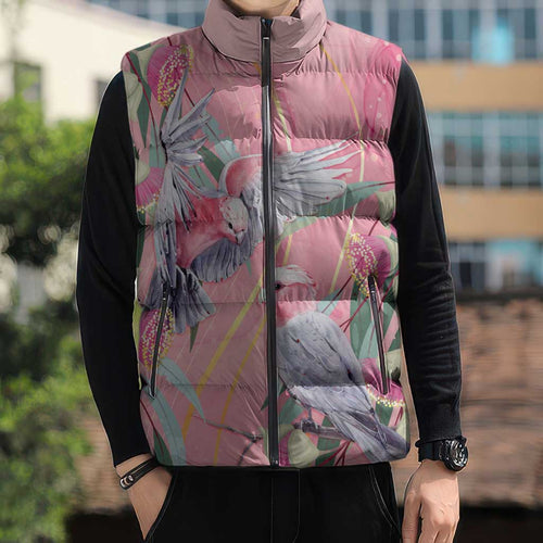 Australia Breast Cancer Awareness Sleeveless Puffer Jacket Pink Galah with Eucalyptus Flowers - Aussie Hoodie