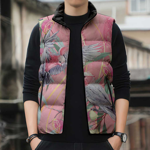 Australia Breast Cancer Awareness Sleeveless Puffer Jacket Pink Galah with Eucalyptus Flowers - Aussie Hoodie
