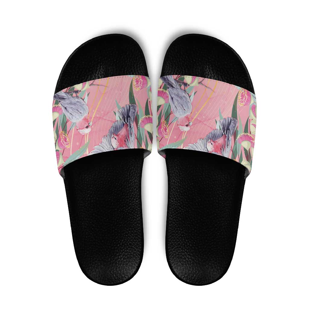 Australia Breast Cancer Awareness Slide Sandals Pink Galah with Eucalyptus Flowers - Aussie Hoodie