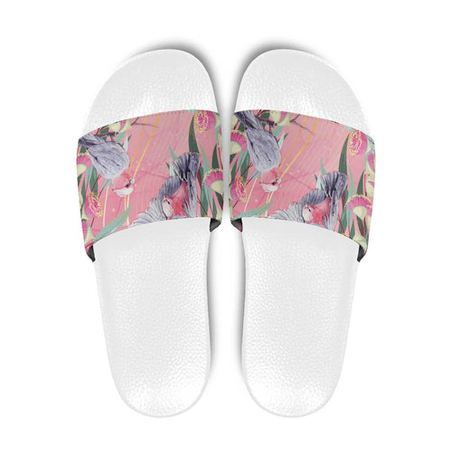 Australia Breast Cancer Awareness Slide Sandals Pink Galah with Eucalyptus Flowers - Aussie Hoodie