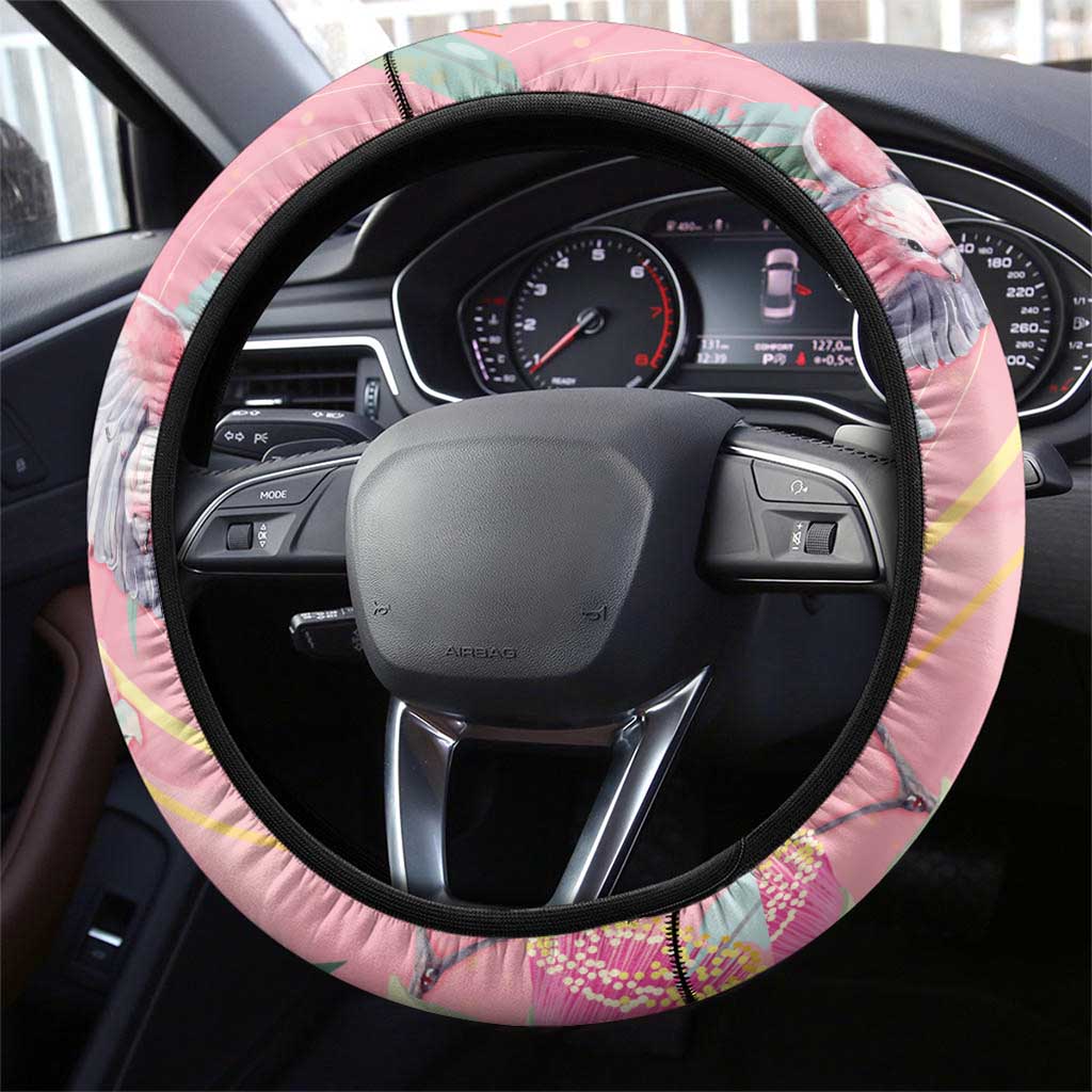 Australia Breast Cancer Awareness Steering Wheel Cover Pink Galah with Eucalyptus Flowers - Aussie Hoodie