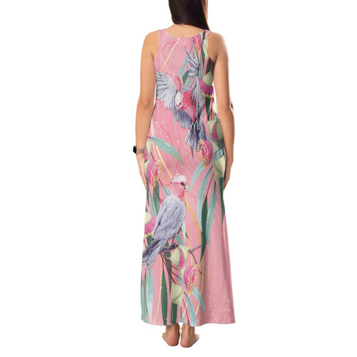 Australia Breast Cancer Awareness Tank Maxi Dress Pink Galah with Eucalyptus Flowers - Aussie Hoodie