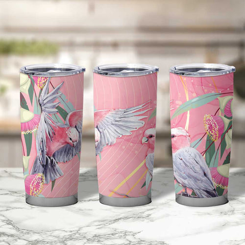 Australia Breast Cancer Awareness Tumbler Cup Pink Galah with Eucalyptus Flowers - Aussie Hoodie