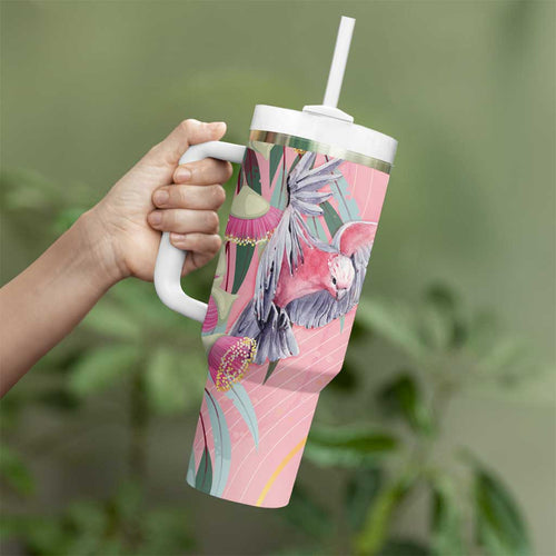 Australia Breast Cancer Awareness Tumbler With Handle Pink Galah with Eucalyptus Flowers - Aussie Hoodie