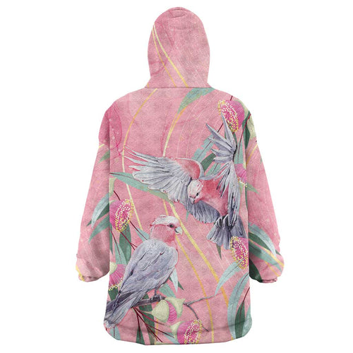 Australia Breast Cancer Awareness Wearable Blanket Hoodie Pink Galah with Eucalyptus Flowers - Aussie Hoodie