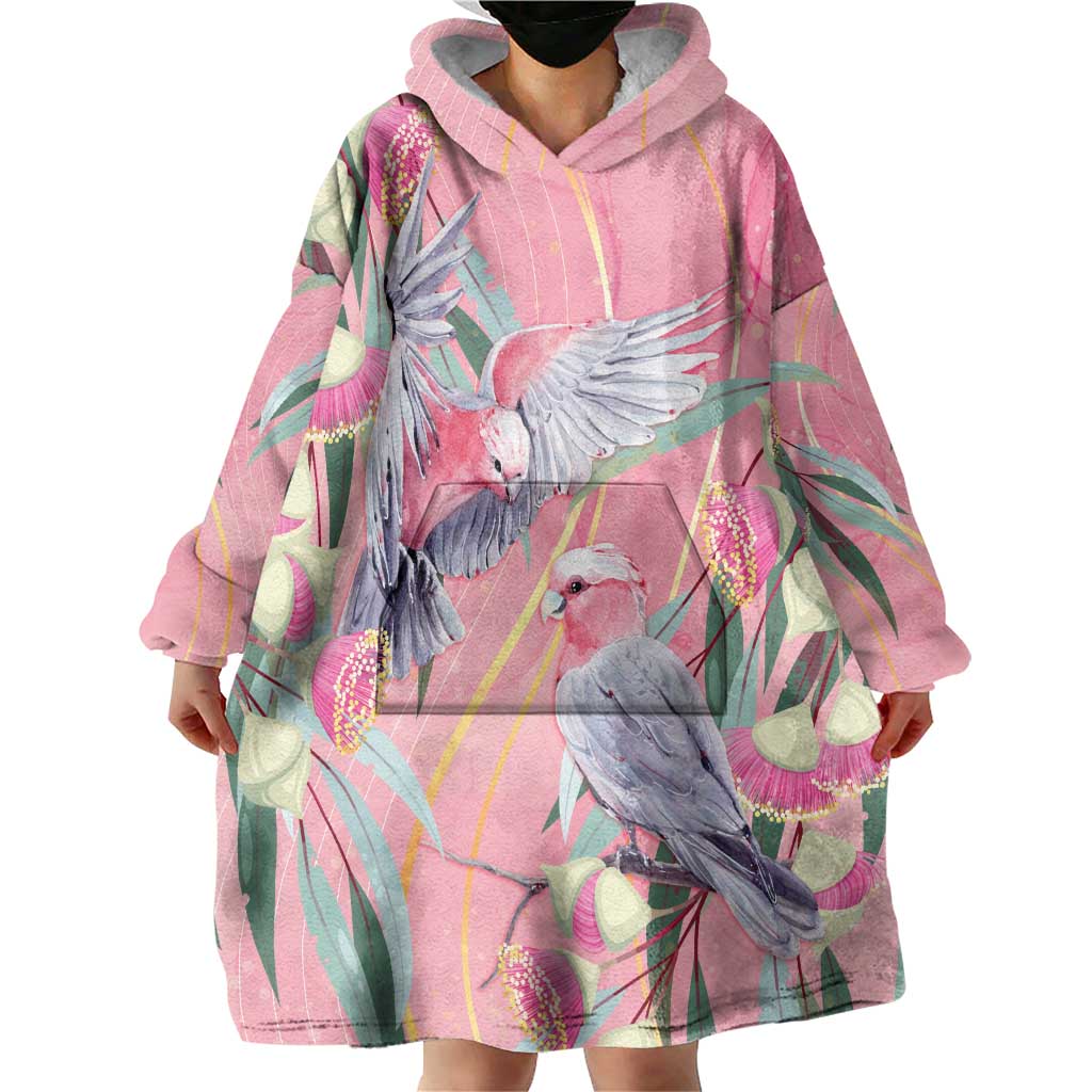 Australia Breast Cancer Awareness Wearable Blanket Hoodie Pink Galah with Eucalyptus Flowers - Aussie Hoodie