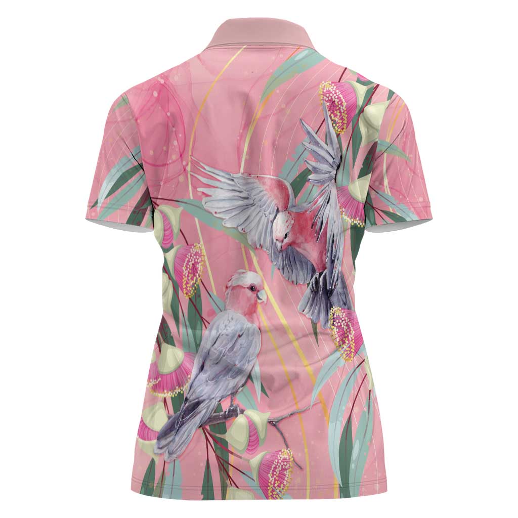 Australia Breast Cancer Awareness Women Polo Shirt Pink Galah with Eucalyptus Flowers - Aussie Hoodie