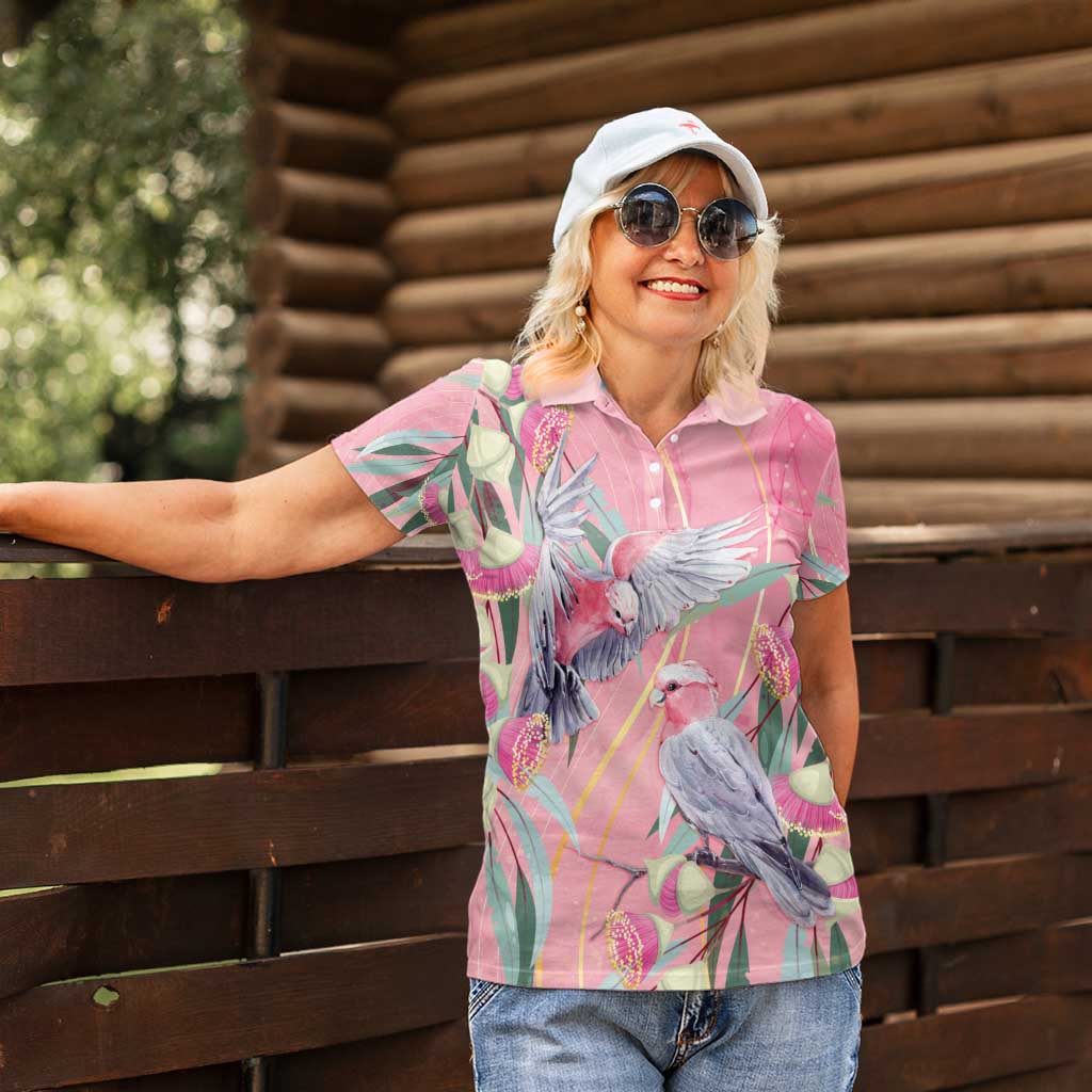 Australia Breast Cancer Awareness Women Polo Shirt Pink Galah with Eucalyptus Flowers - Aussie Hoodie