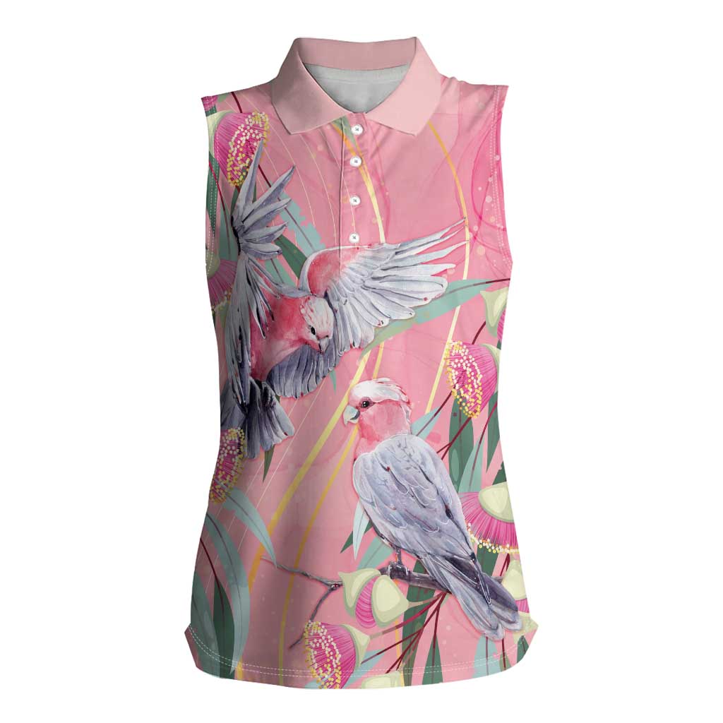 Australia Breast Cancer Awareness Women Sleeveless Polo Shirt Pink Galah with Eucalyptus Flowers - Aussie Hoodie