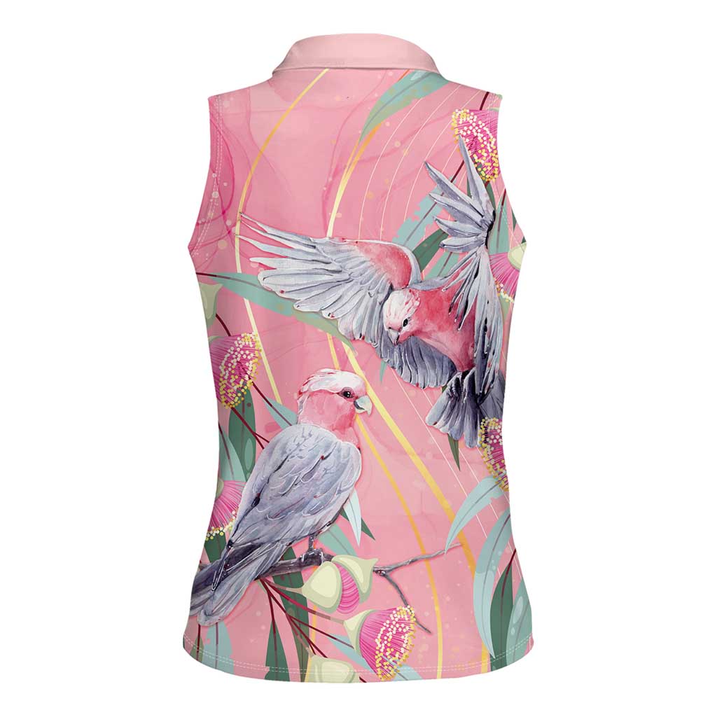 Australia Breast Cancer Awareness Women Sleeveless Polo Shirt Pink Galah with Eucalyptus Flowers - Aussie Hoodie